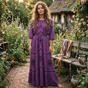 |VTG| 90s ENCOUNTER Rayon Embroidered Boho Maxi Dress Purple